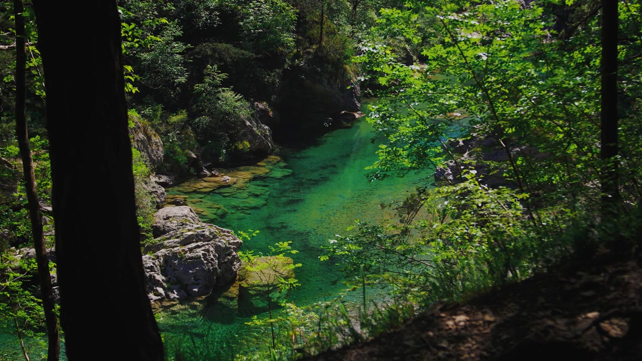 Acque verde smeraldo delle Pozze Smeraldine lungo il torrente Meduna nelle Dolomiti, Friuli, Italia.