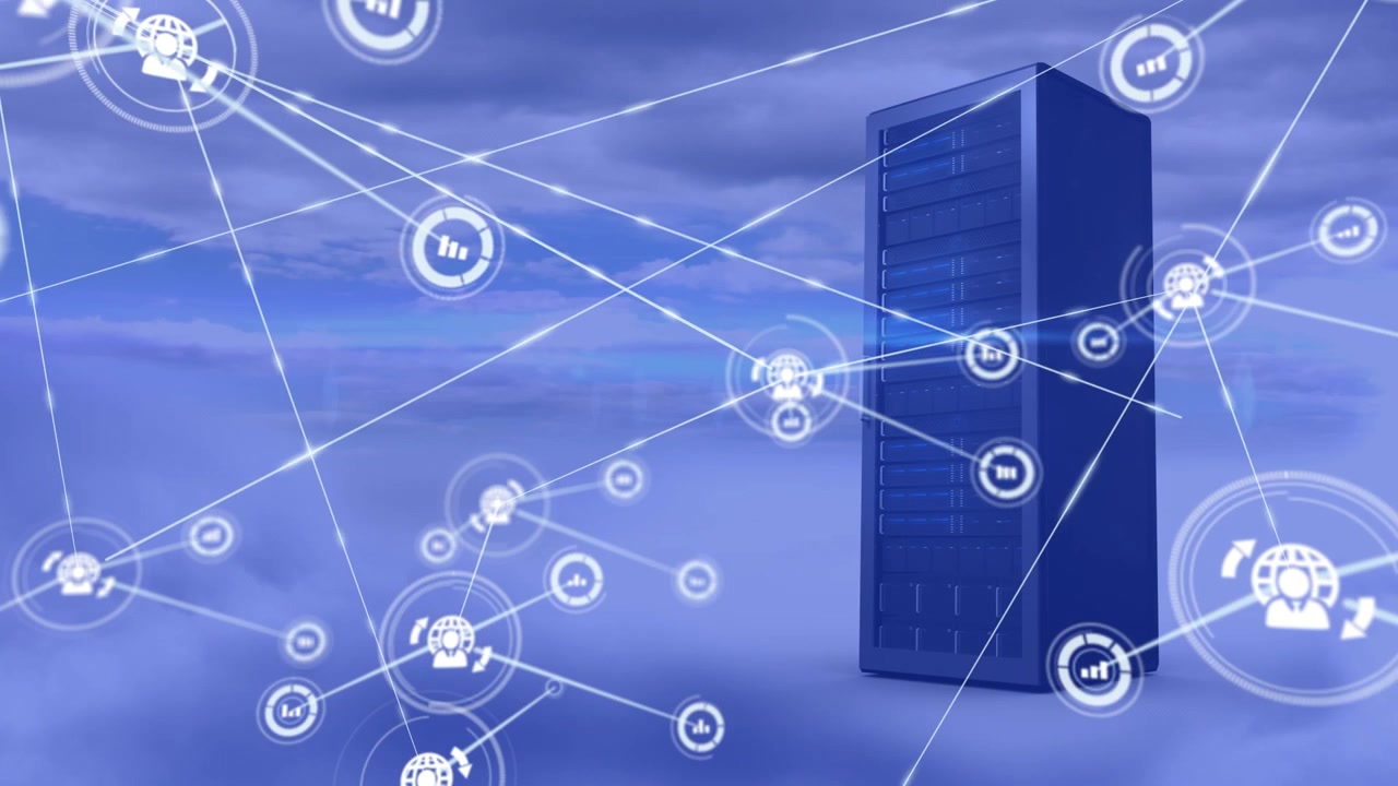 Animation of network of connections with icons over computer server in clouds