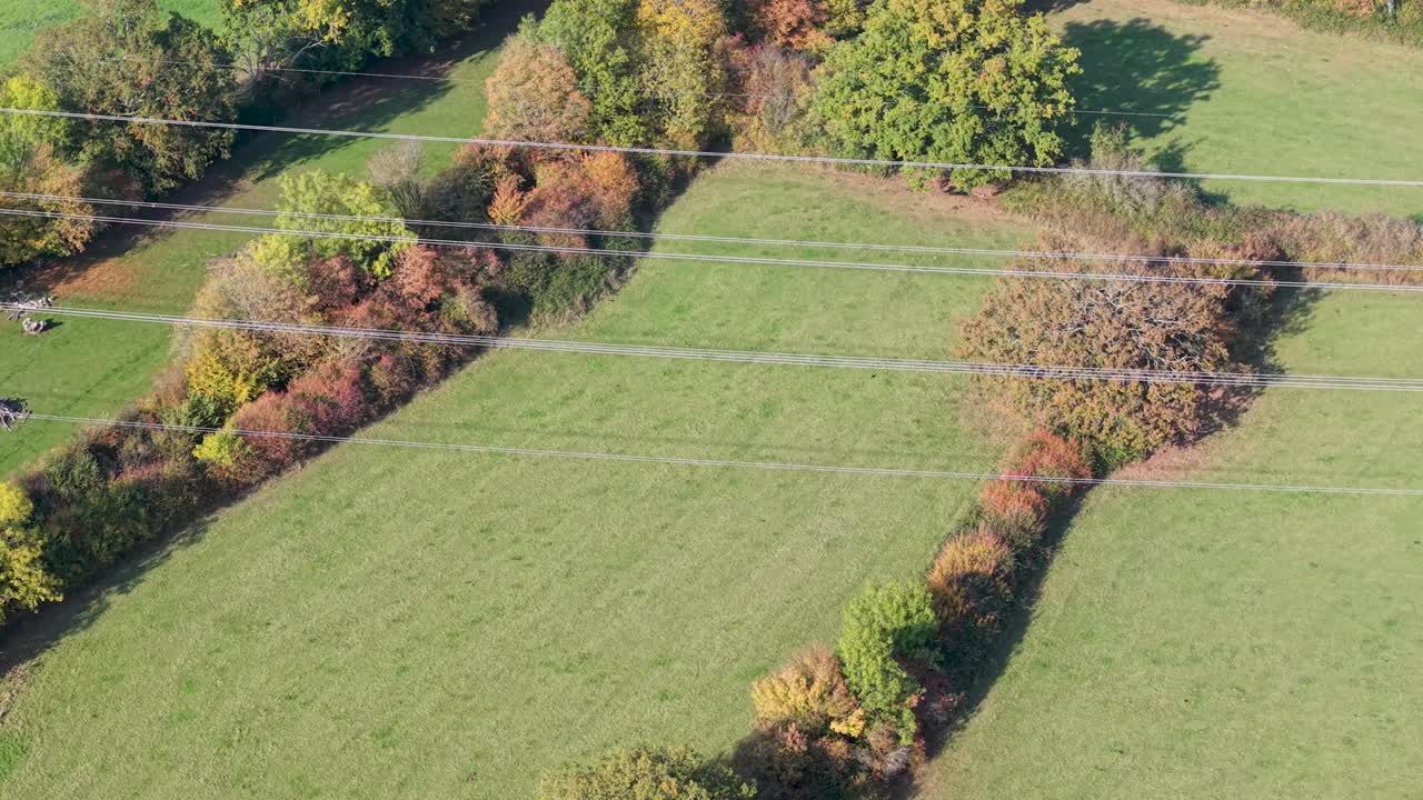 Aerial drone footage tracking electricity pylons and power lines over autumn countryside in Hertfordshire. The drone moves left, following cables between two pylons with rich seasonal tones below