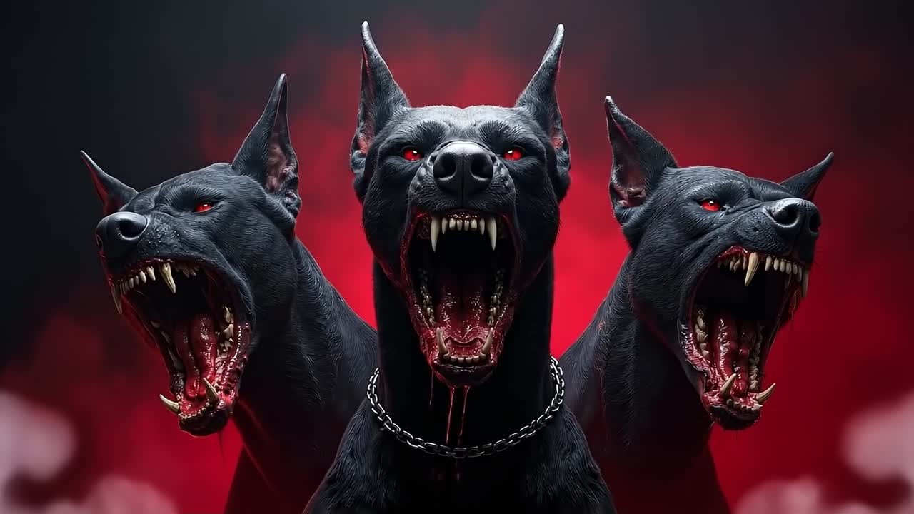 Three black dogs with fangs and fangs on their mouths