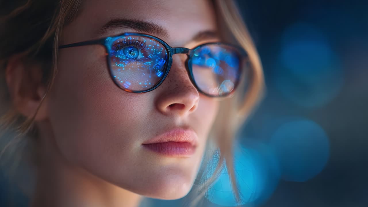 A Close-Up of a Thoughtful Young Woman with Stylish Glasses, Reflecting Vibrant Patterns of Blue Light in Her Eyes, Capturing a Moment of Introspection and Wonder