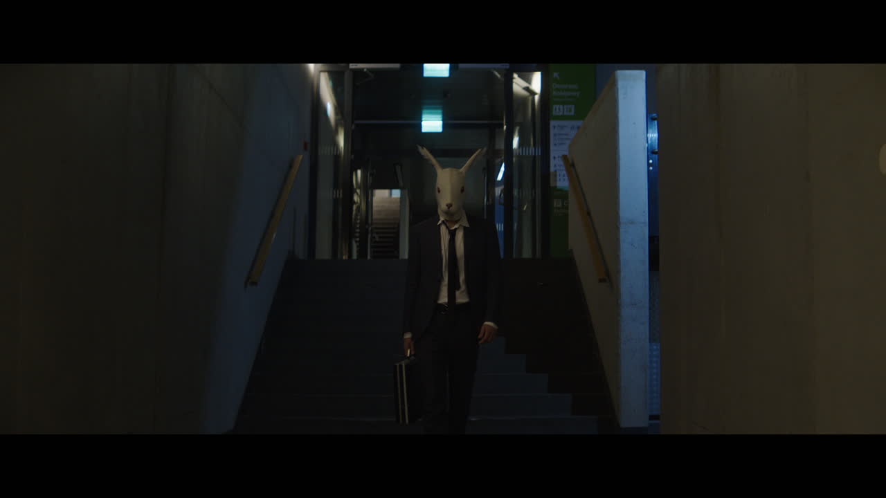Man walking down a corridor with a rabbit head