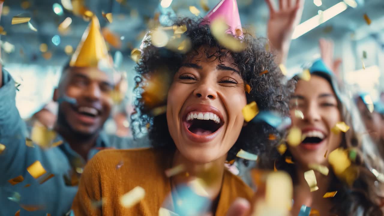 Celebração alegre com amigos: uma cena de festa animada, cheia de risadas, confetes coloridos e trajes festivos que capturam o espírito de união e felicidade