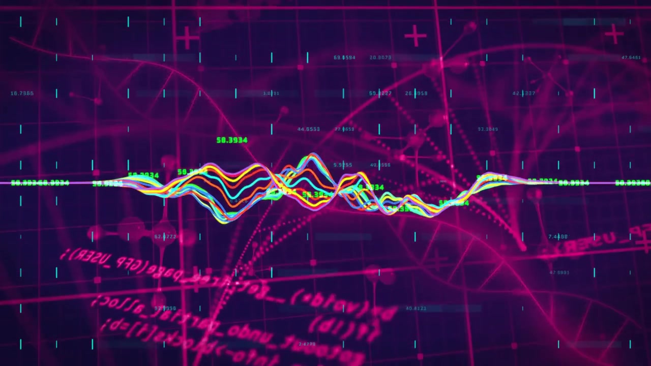 Vertical video: Colorful waveform on data, peaking then settling while values updating for signal