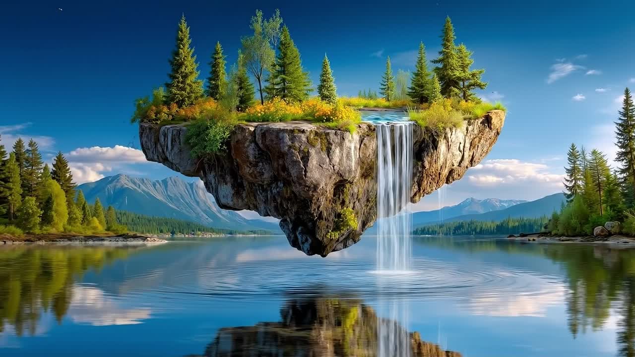 A small island in the middle of a lake with a waterfall