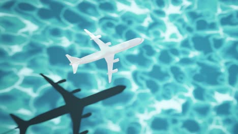 3d rendering animation of plane airplane jet boeing travel above the ocean blue sea water