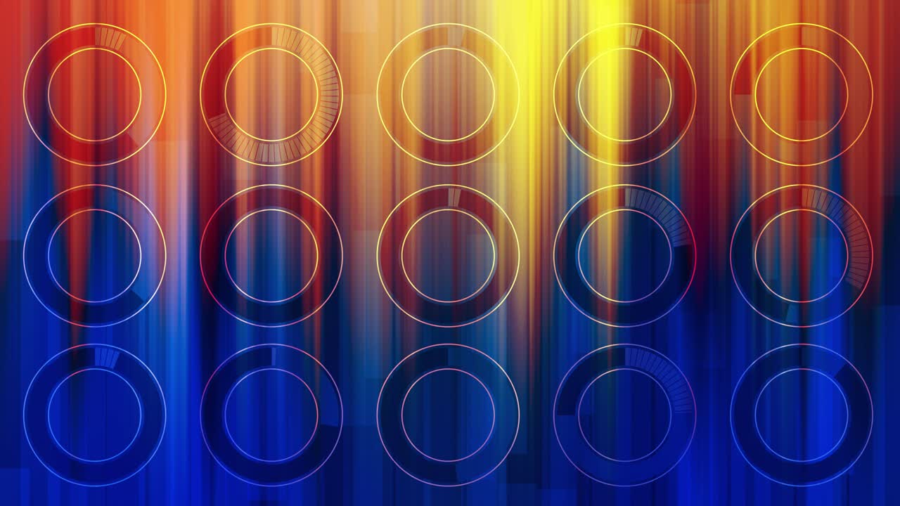 Digital abstract background with multiple glowing circular data rings and vertical color streaks in a vibrant palette of red, orange, yellow, and blue