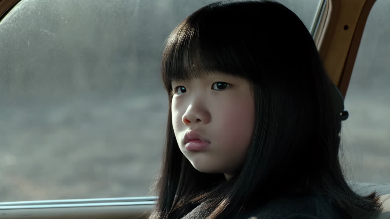 차 창문 밖을 바라보는 어린 소녀