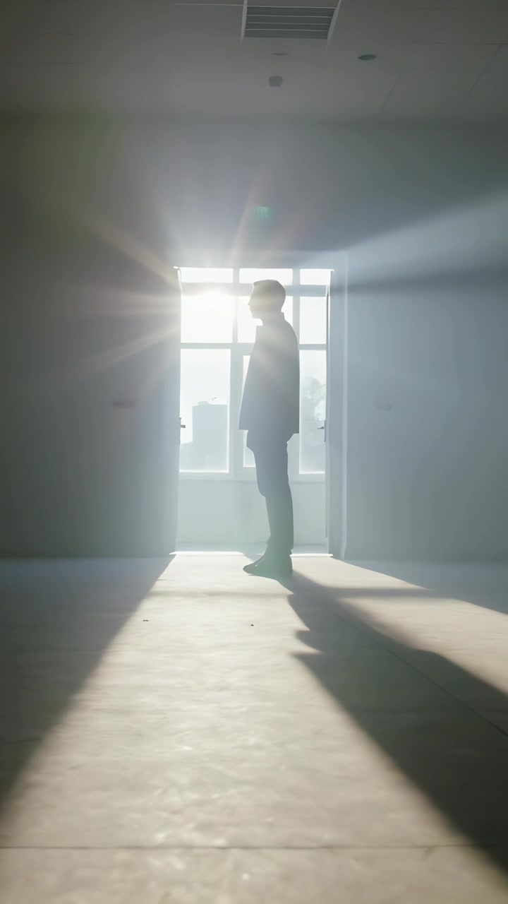 Video verticale: Luce che inonda la stanza, uomo in cappotto che guarda fuori dalla finestra, proiettando una lunga ombra.