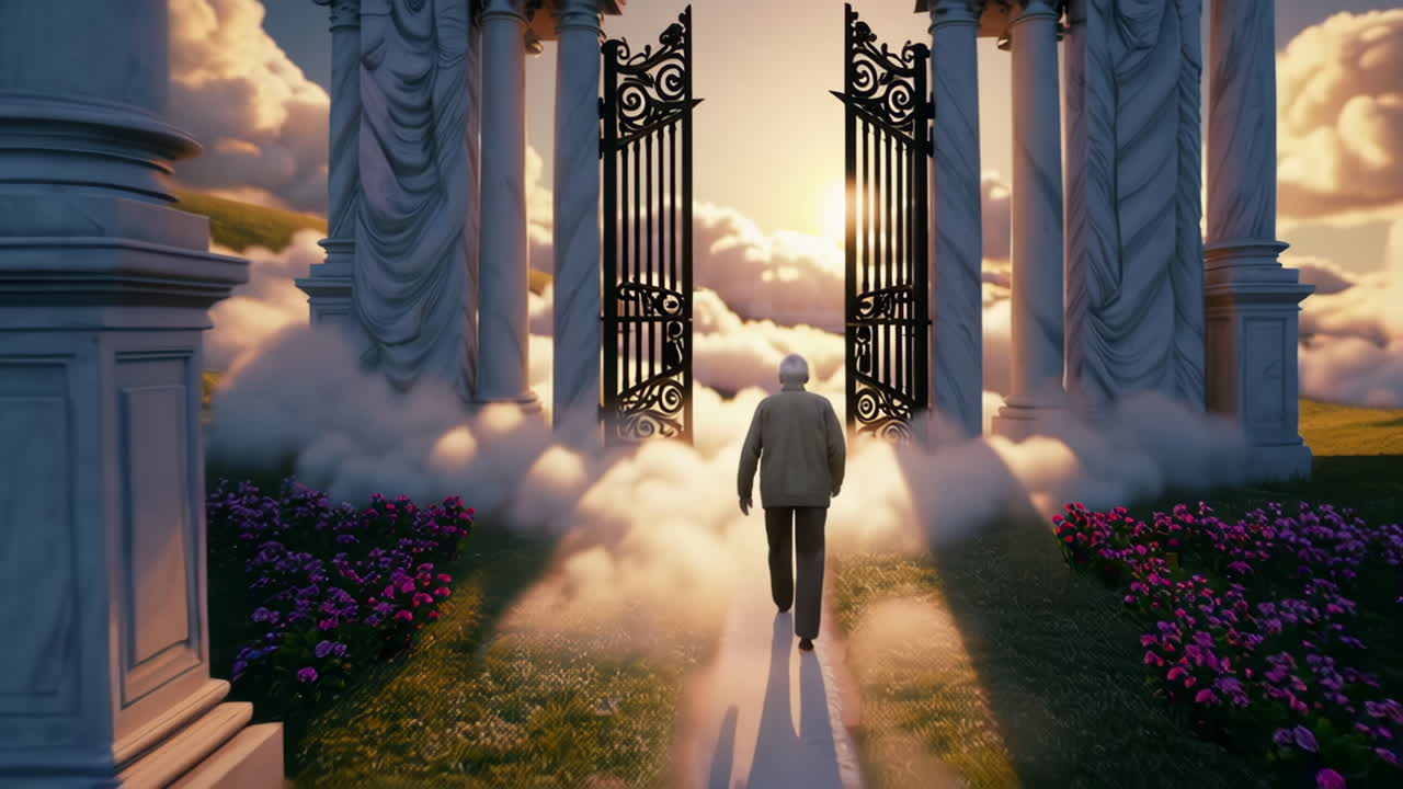 Man Walks Towards an Opening Golden Gateway in a Cloudy Ethereal Landscape