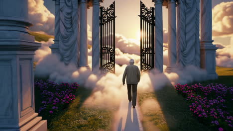 man walks towards an opening golden gateway in a cloudy ethereal landscape