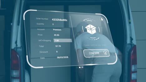 animation of data processing against caucasian delivery man unloading boxes from his delivery van