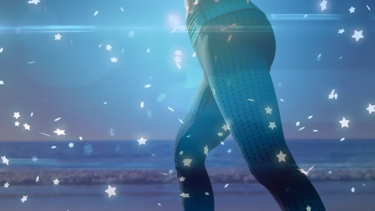Jogging by ocean, person with starry animation overlay in scenic view