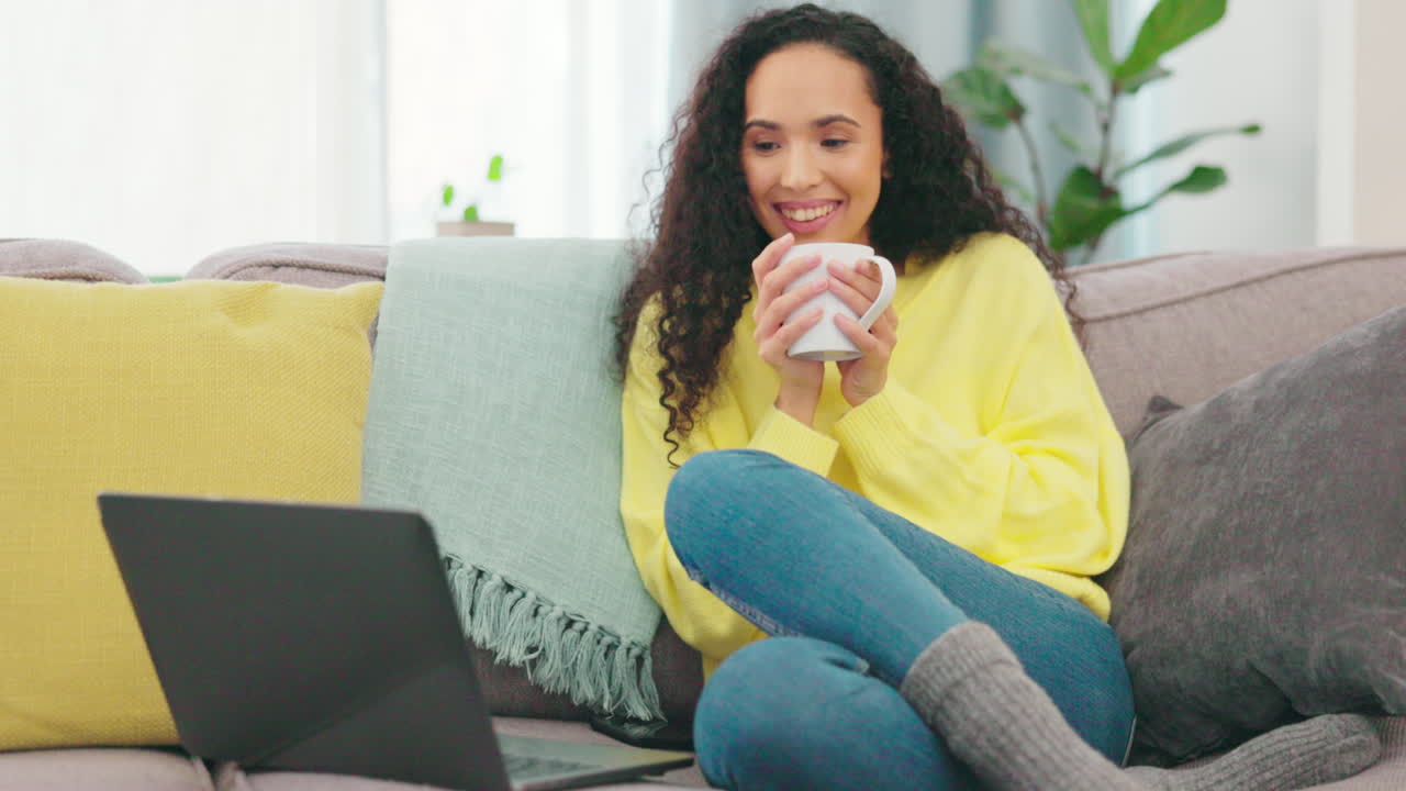 Laptop, coffee or woman streaming a movie on sofa