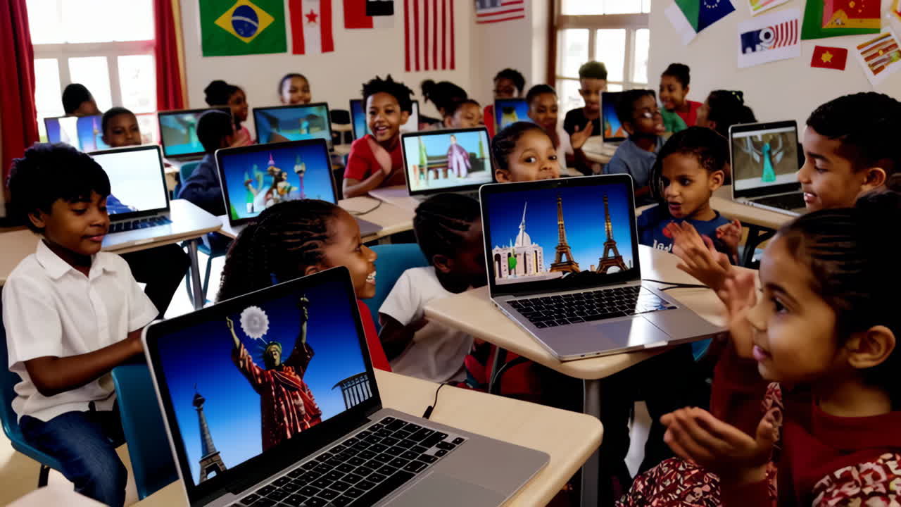 Young students learning about global landmarks on laptops in a classroom