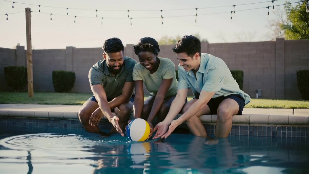 Três amigos brincando e socializando na piscina de casa, passando uma bola de praia flutuando perto da mão esquerda.