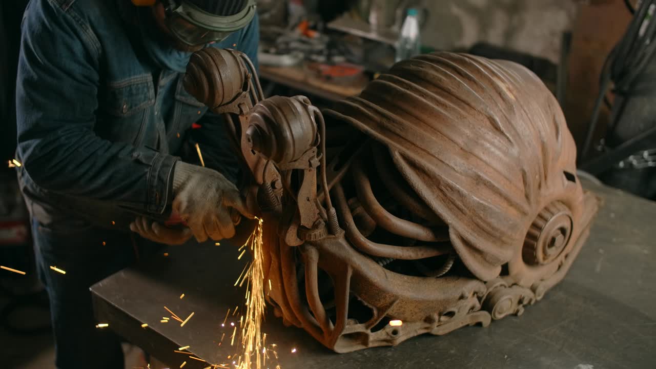 cerrajero corta y lija la metal decorativo escultura de pez steampunk por molinillo eléctrico con muchas chispas en cámara lenta, trabajo de metal en el taller, 4k 60p prores hq