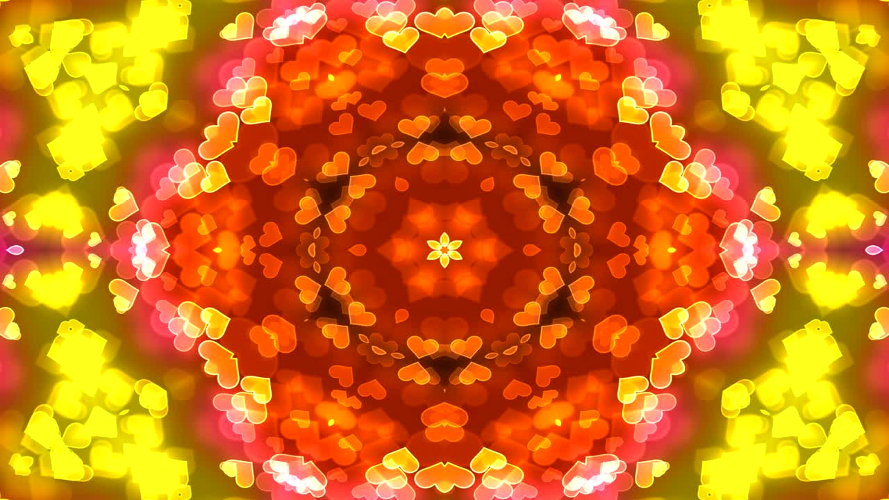 Motivo Astratto Colorato, Lucido e Ipnotico, con Concetto Simmetrico Ornamentale Decorativo, Movimento Caleidoscopico e Forme Geometriche (Cerchi e Stelle)