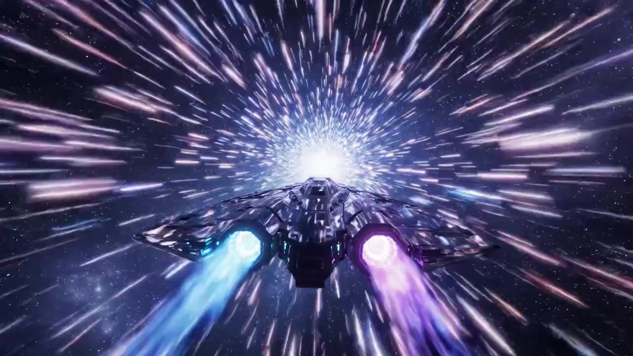 ダイナミックな宇宙の冒険：広大な宇宙空間で、宇宙エネルギーと色鮮やかな光の奔流を突き進む未来的な宇宙船