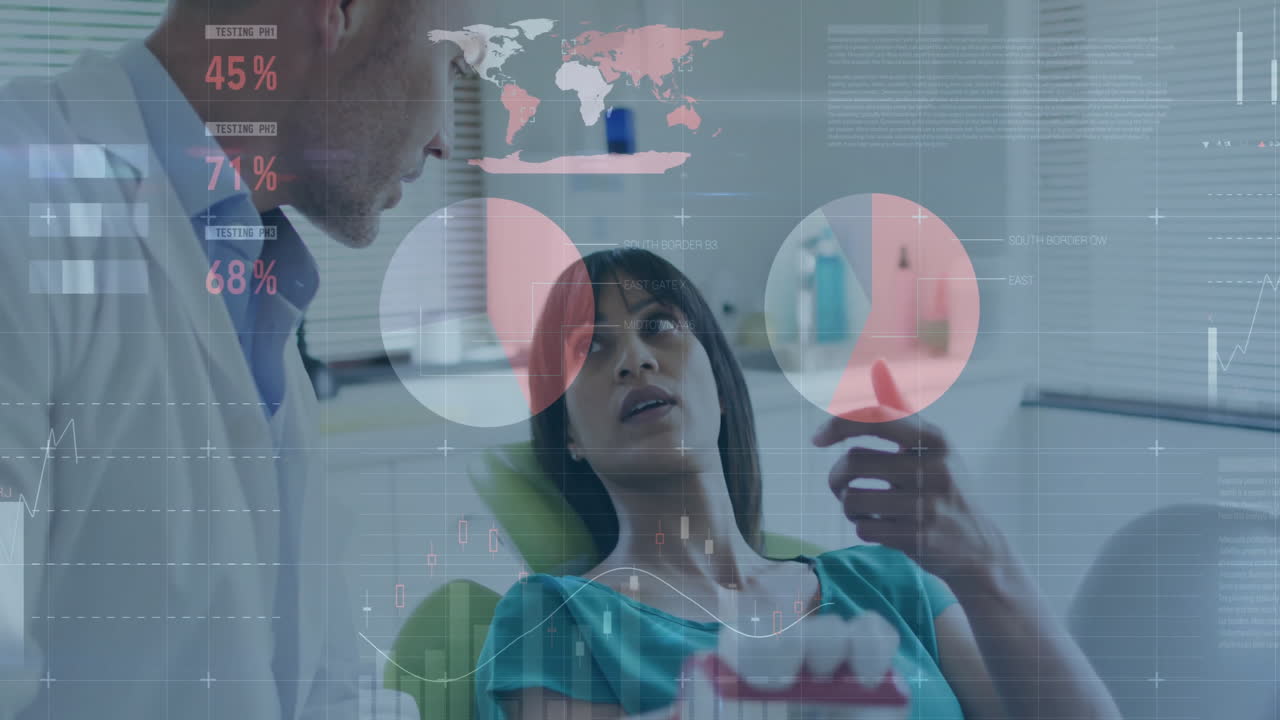 Dentist examining patient in green dental chair, showing world map, pie charts, bar graphs overlays