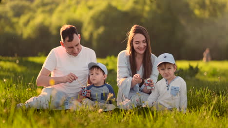 Una-Familia-De-4-Personas,-Dos-Niños-Y-Sus-Padres-Comen-Helado-En-Verano-En-Un-Picnic.