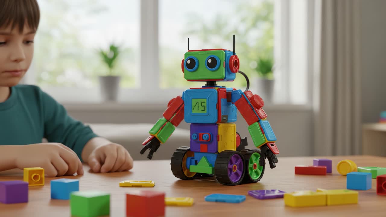 Engaging Child with Colorful Robot Toy: A Learning Journey Through Interactive Play and Exploration of Creativity and Problem-Solving Skills with Building Blocks