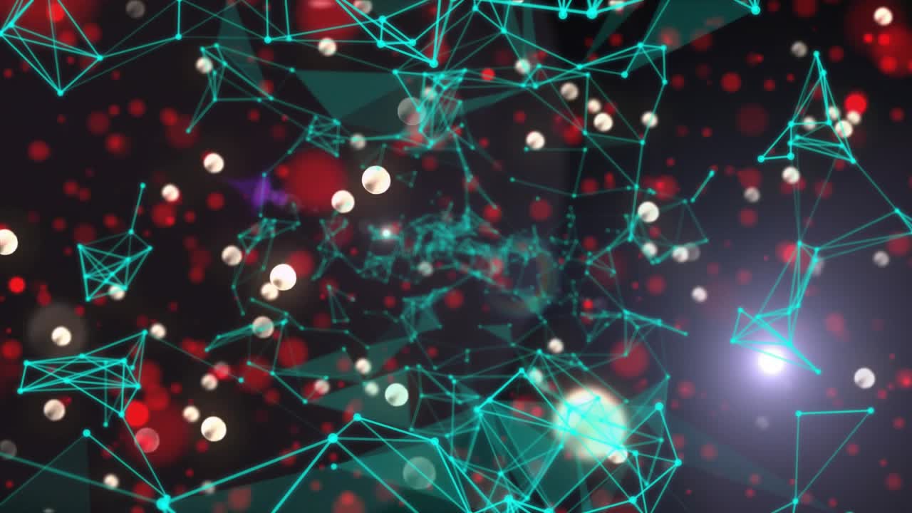 Turquoise mesh and white spheres emerging in darkness, pulsing visualizing digital network evolving