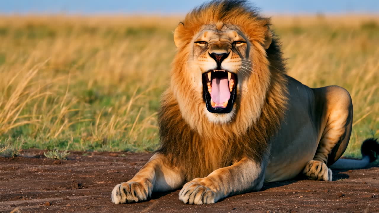 Lion yawning in the savanna