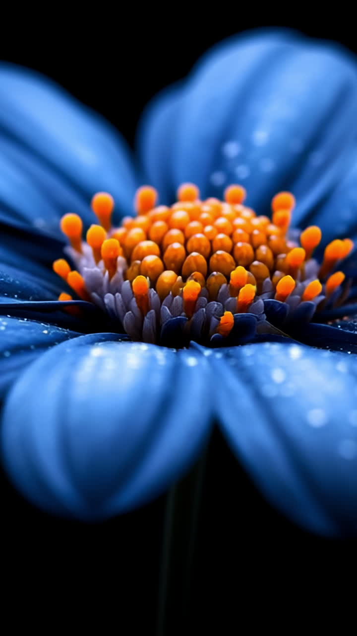 Bright blue flower, bold details. A close-up view of a blue flower, highlighting its vibrant petals and orange center, against a black background.