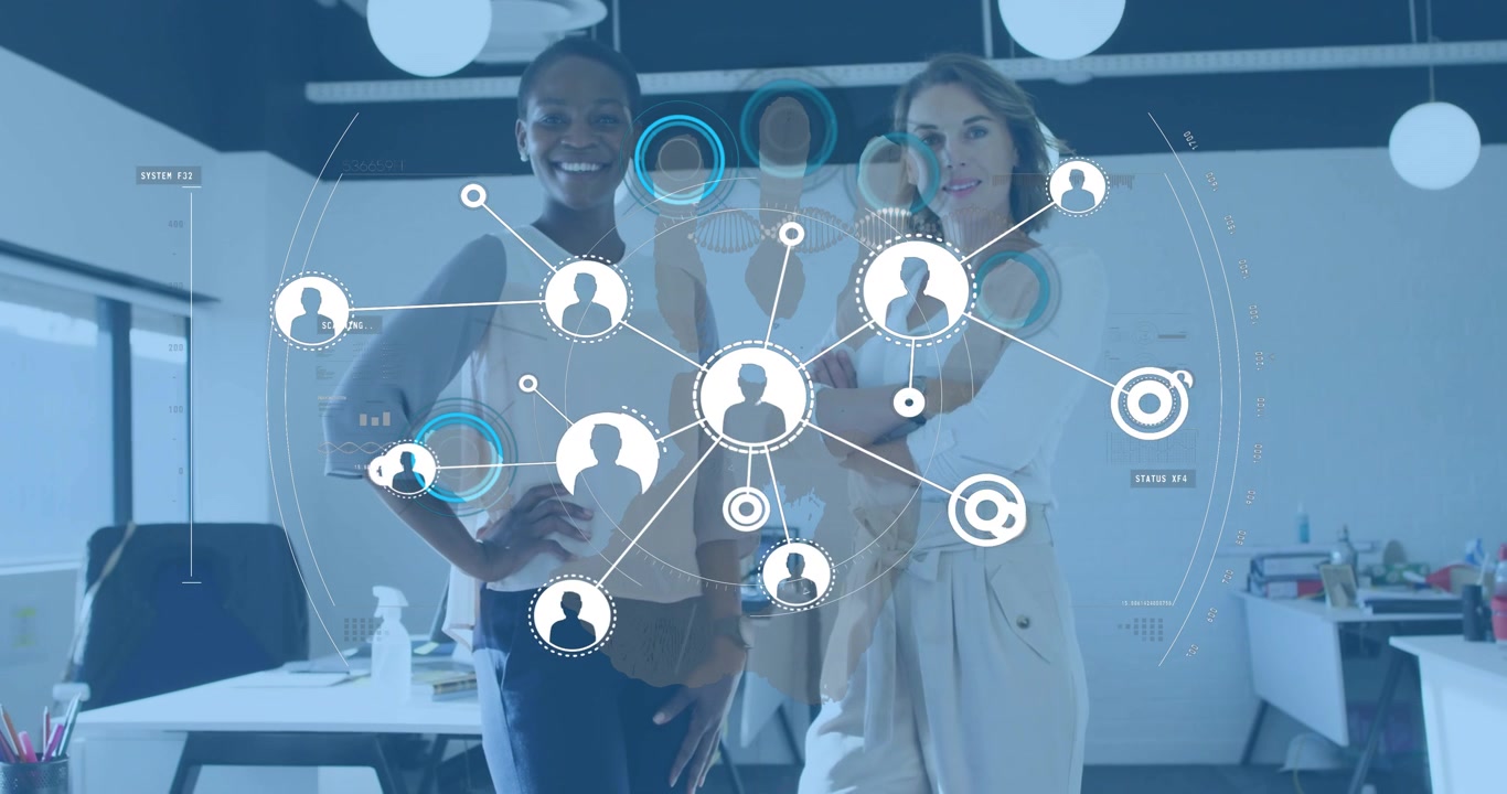 Colleghi in uno spazio di lavoro, che avviano una sovrapposizione di rete per creare connessioni utente per il lavoro di squadra aziendale.