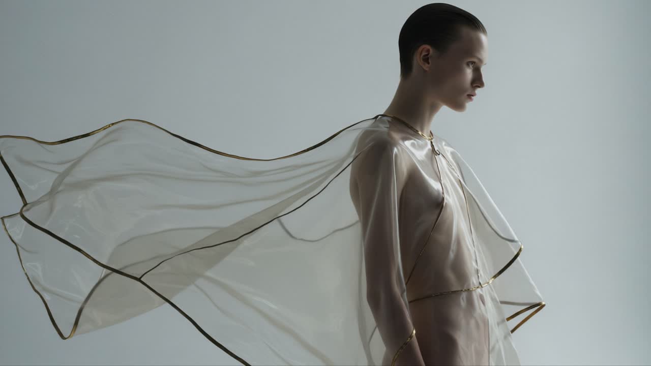 Et fantastisk modeportræt, der viser æterisk elegance med gennemsigtigt stof draperet yndefuldt omkring en model, og fanger strømmen og bevægelsen af moderne couture.