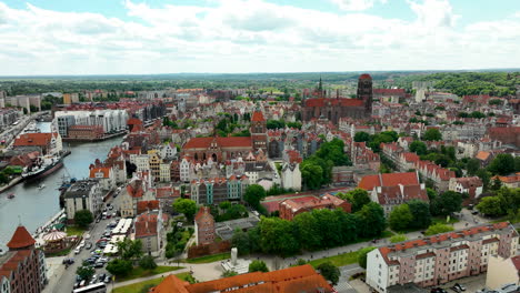 Vista-Aérea-Del-Centro-Histórico-De-Gdańsk,-Que-Muestra-Su-Arquitectura-Icónica,-Calles-Estrechas-Y-La-Impresionante-Calle.