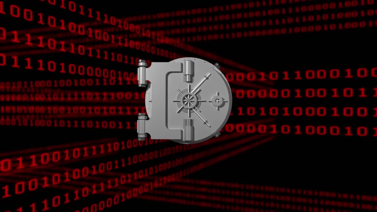 Animation of binary code and safe box over dark background