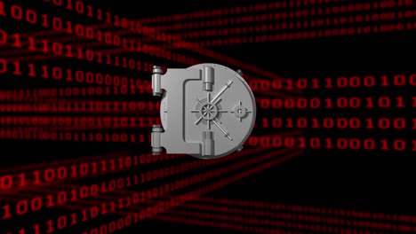 animación de código binario y caja de seguridad sobre fondo oscuro