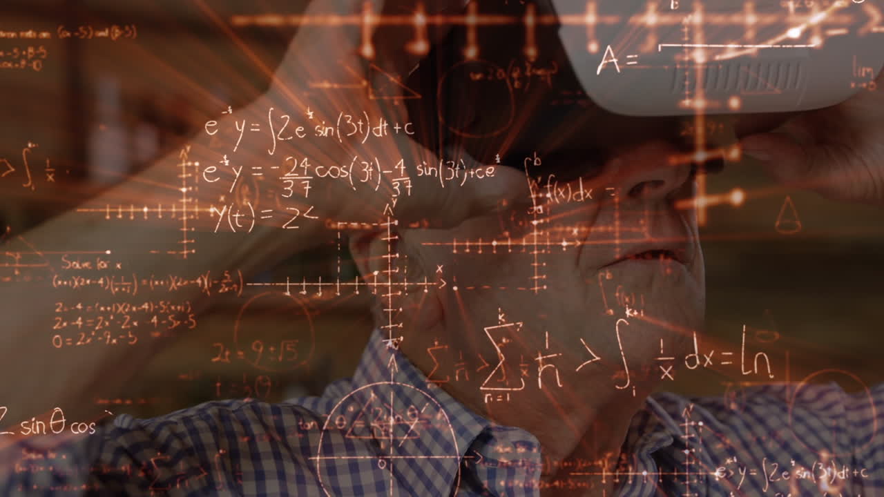 animación de ecuaciones matemáticas sobre un hombre caucásico mayor usando auriculares vr