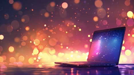 laptop with cosmic screen and bokeh lights