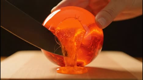cutting into a glowing molten orange sphere