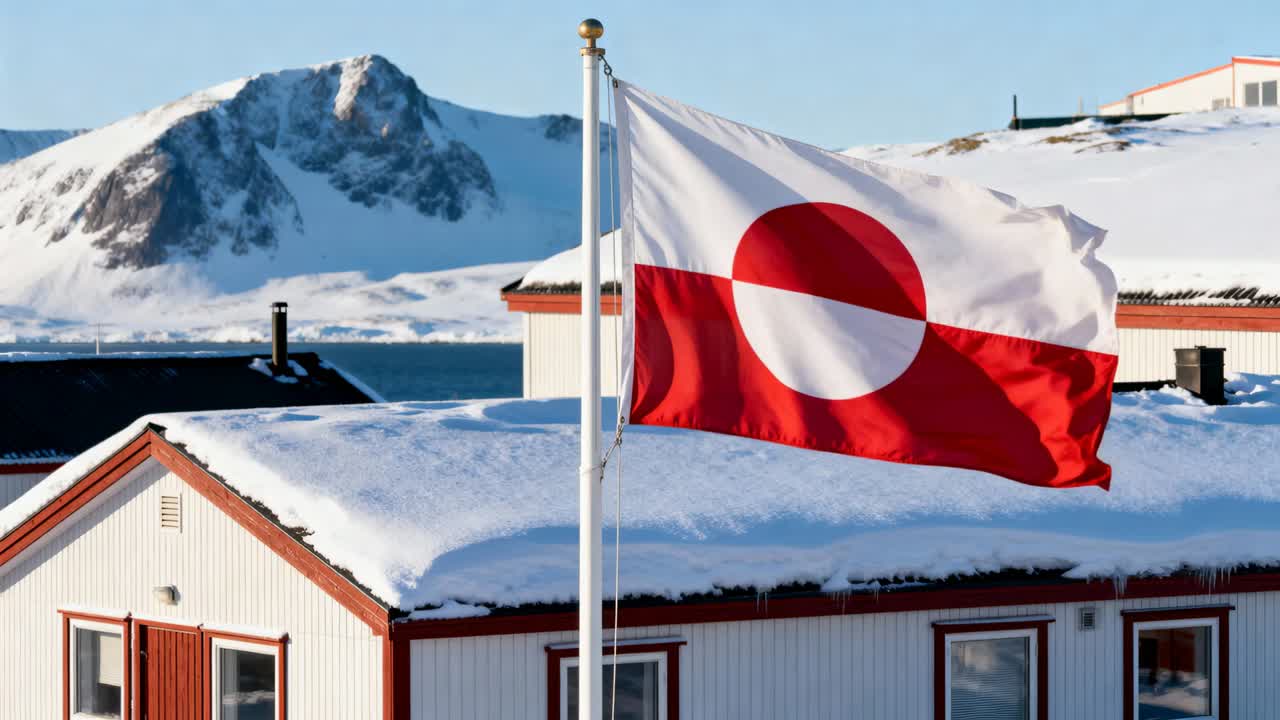 Flaggrende rødt og hvitt flagg som reagerer på vindkast nær rødtrimmet bygning ved snødekt fjord