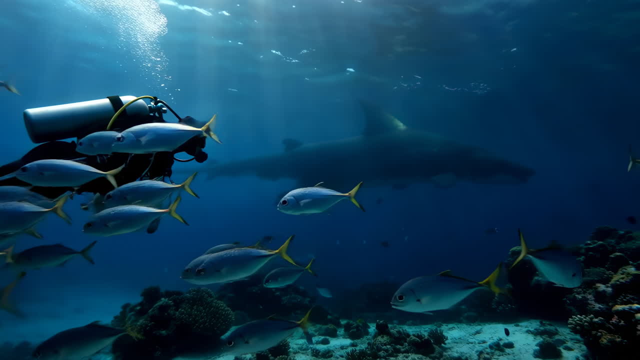 Scuba Diver Encounters School of Fish and Shark Underwater