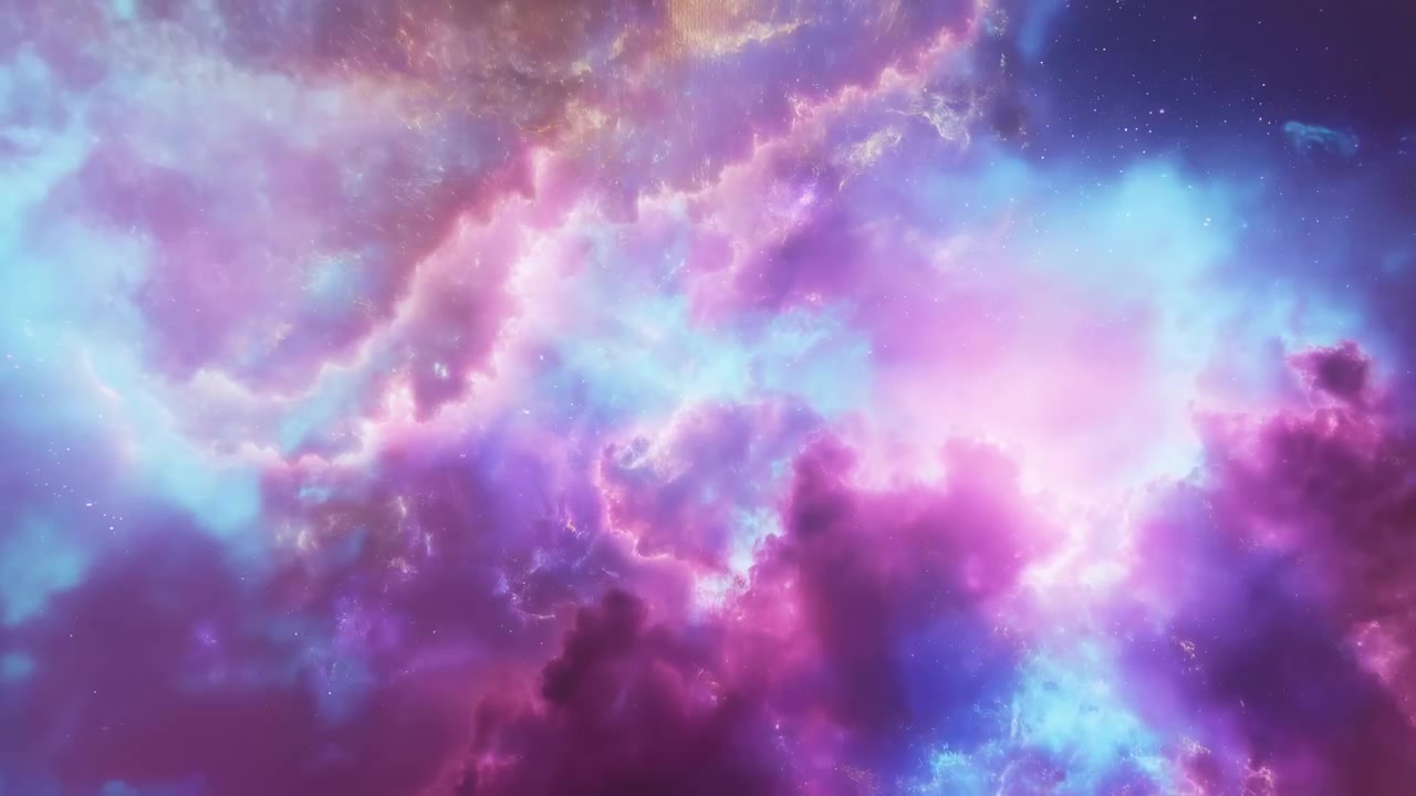Lysende pastellfarget skylandskap med en lys sentral glød, cyan og blekblått som blander seg inn i magenta, fuchsia og dyp lilla skyformasjoner, med gylne flekker, myk dis og rik atmosfærisk dybde.