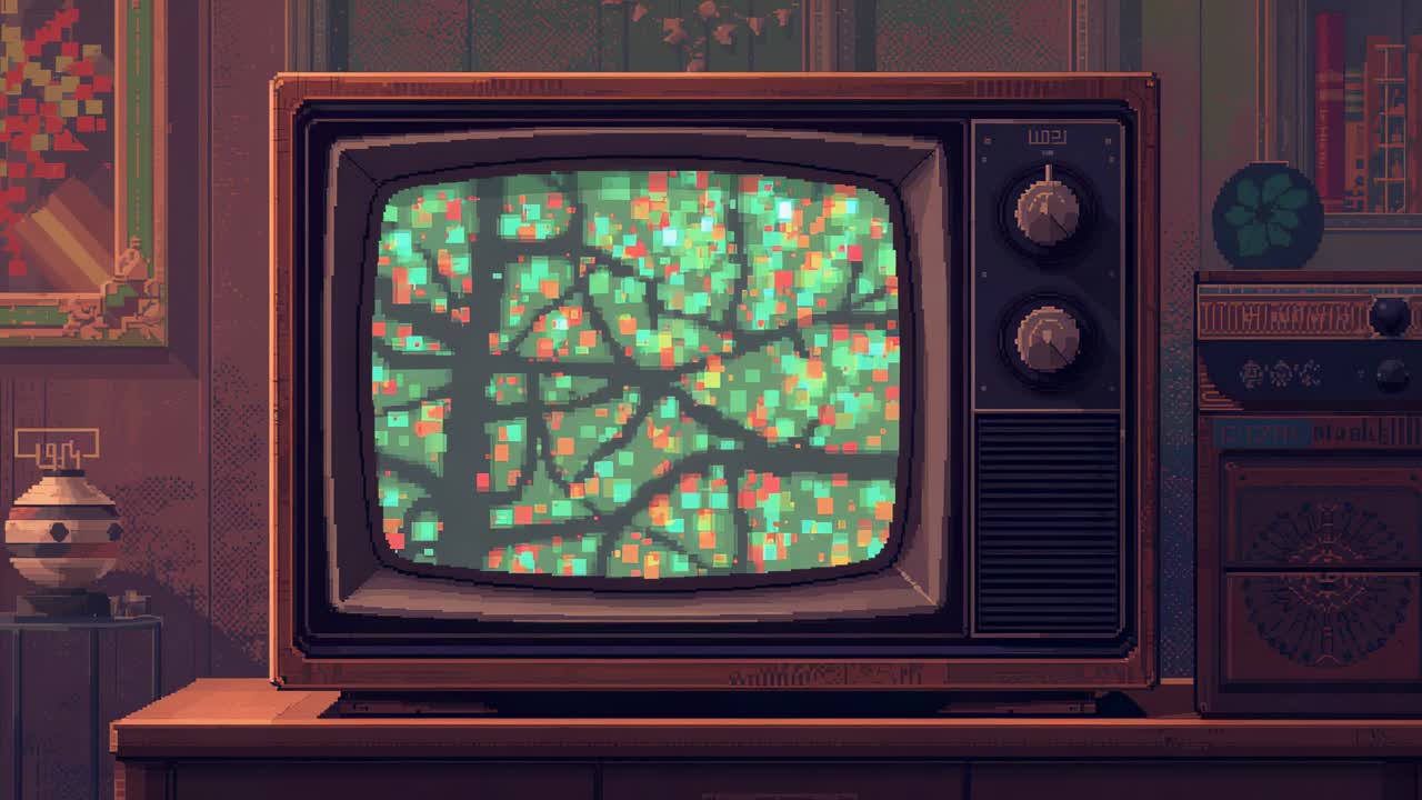 Visualizzazione di TV vintage in legno con tubo catodico che riproduce in loop rami in pixel art in uno studio retrò con radio