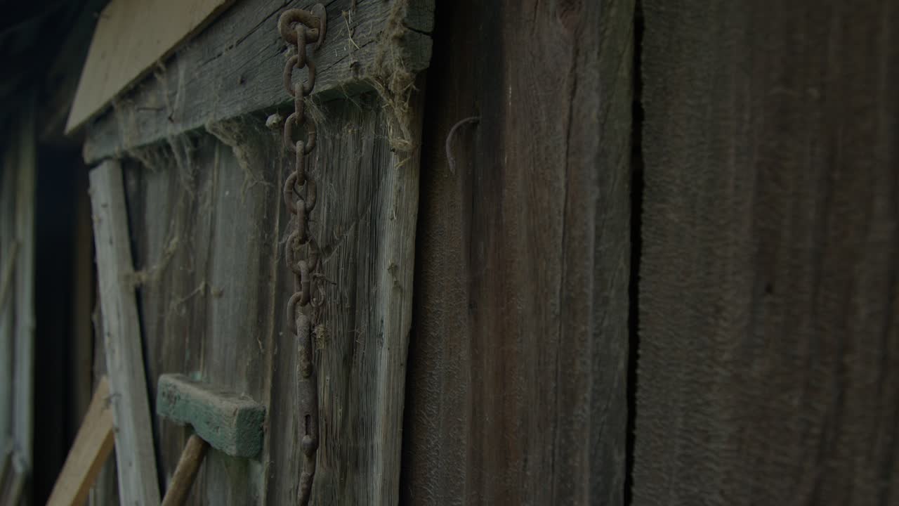 A detailed close-up shot of an old weathered wooden shed wall evokes a rustic, abandoned, and nostalgic atmosphere