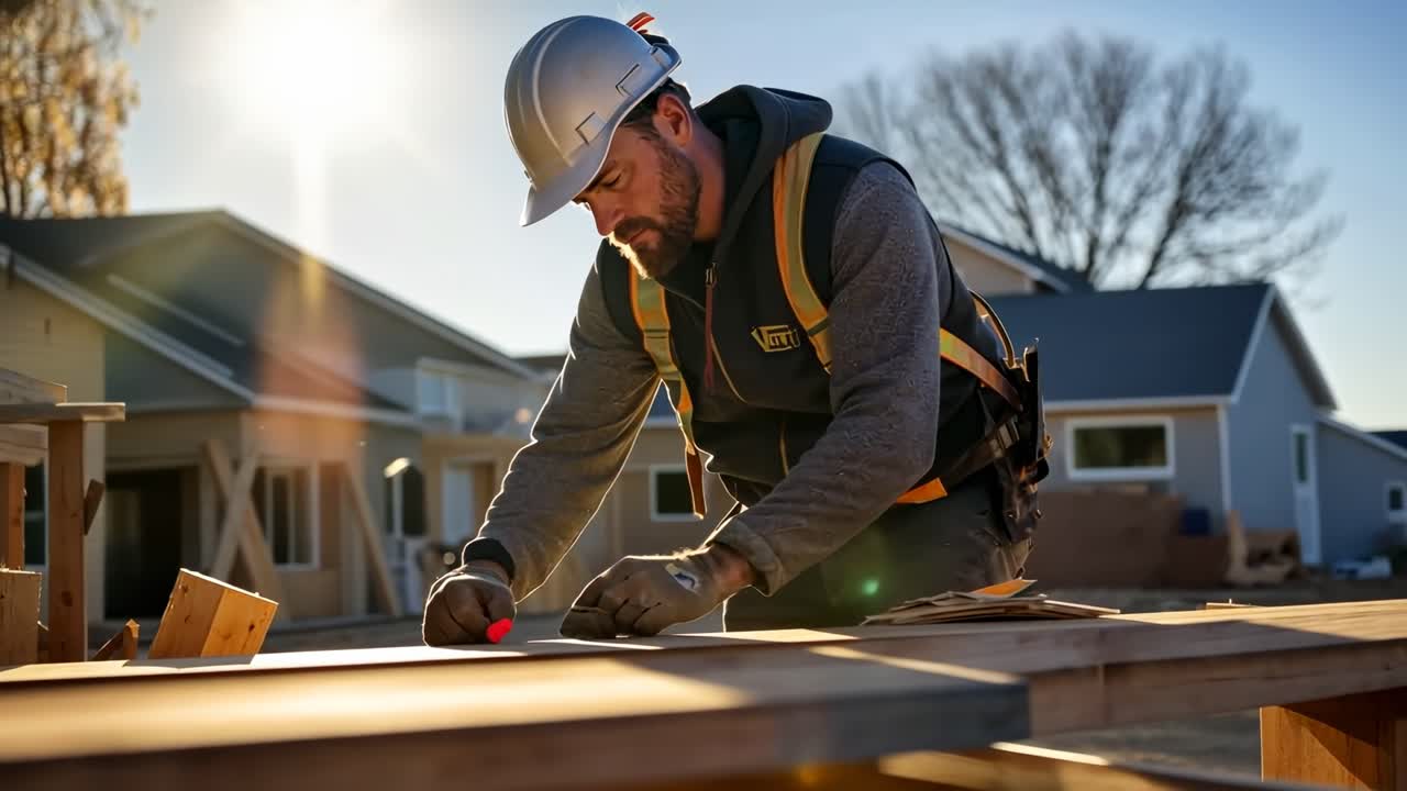 A low-angle video shot of a focused construction worker measuring wood on a sunny day