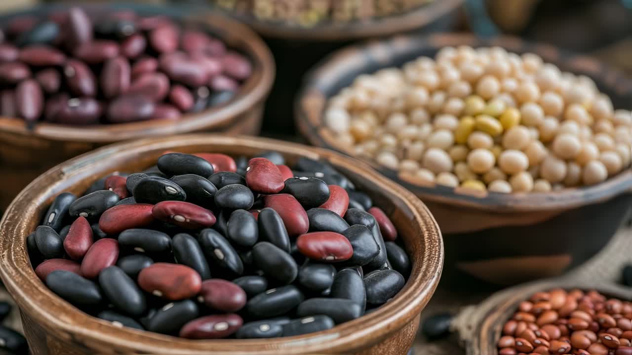 Several wooden bowls full of beans, lentils and other legumes are displayed on a burlap surface, while black beans are being poured into one of the bowls