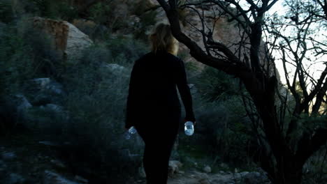 Adventurous-young-woman-walking-through-the-wilderness-of-the-rocky-region-of-Arizona-at-dusk-time-golden-hour