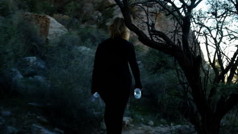 adventurous young woman walking through the wilderness of the rocky region of arizona at dusk time golden hour