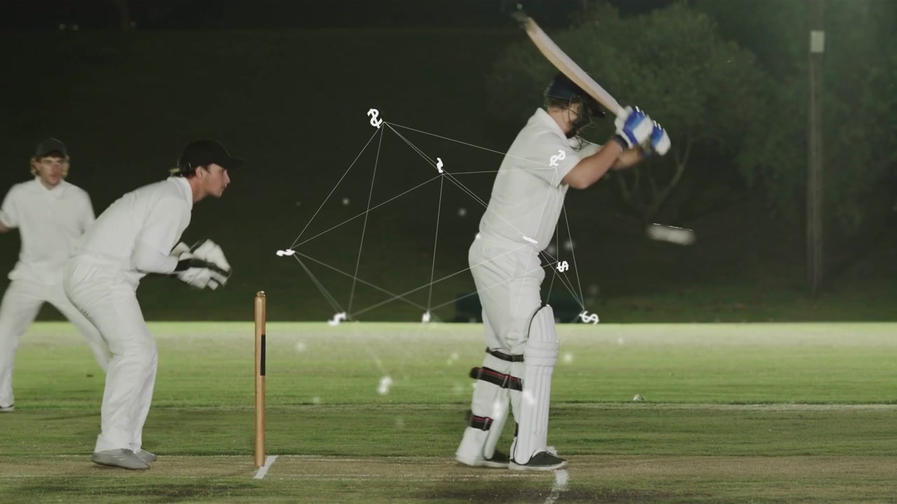 Cricket-kaster kaster, gærdespiller forlader, keeper tager og appellerer for wicket, mens et overlay svæver.