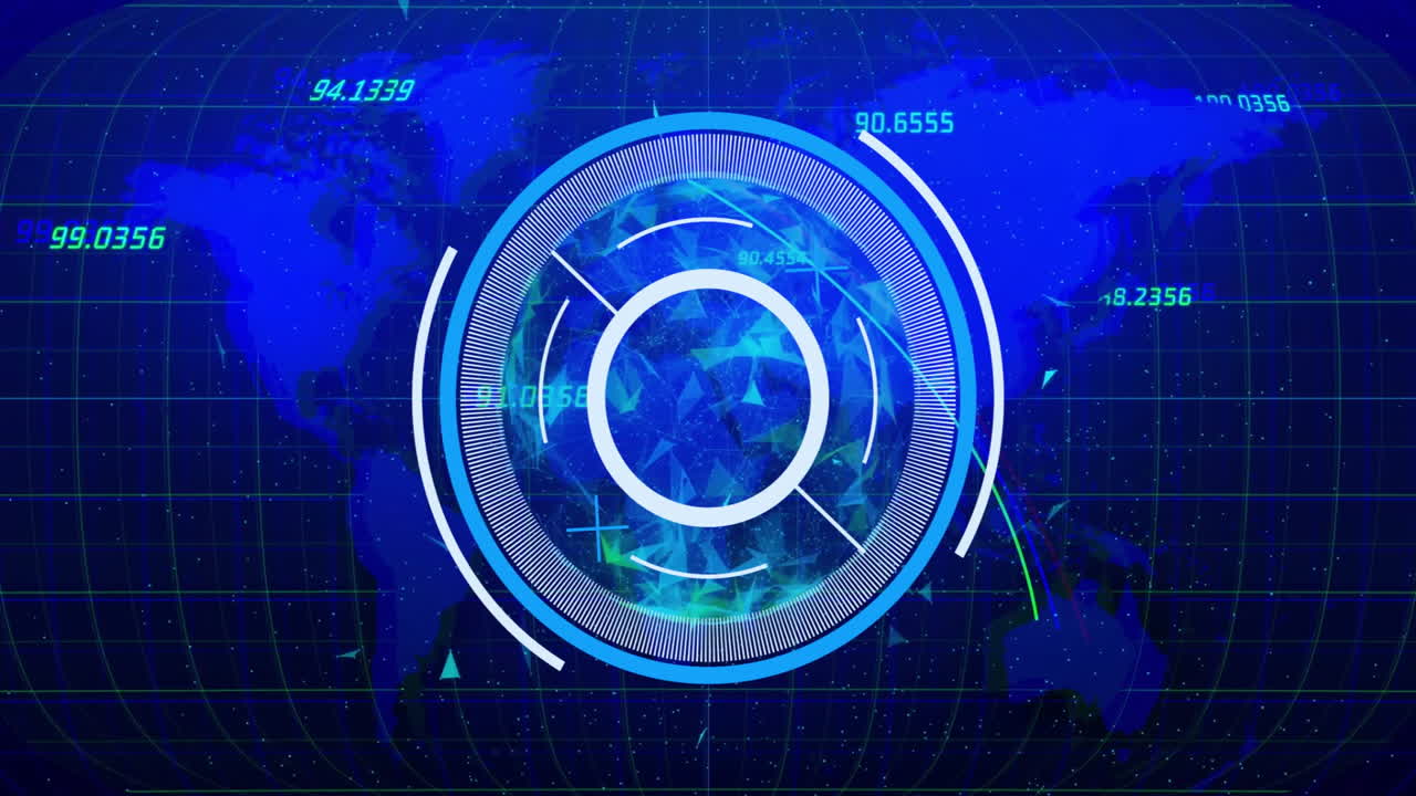 formas geométricas y animación de coordenadas sobre el fondo del mapa mundial digital