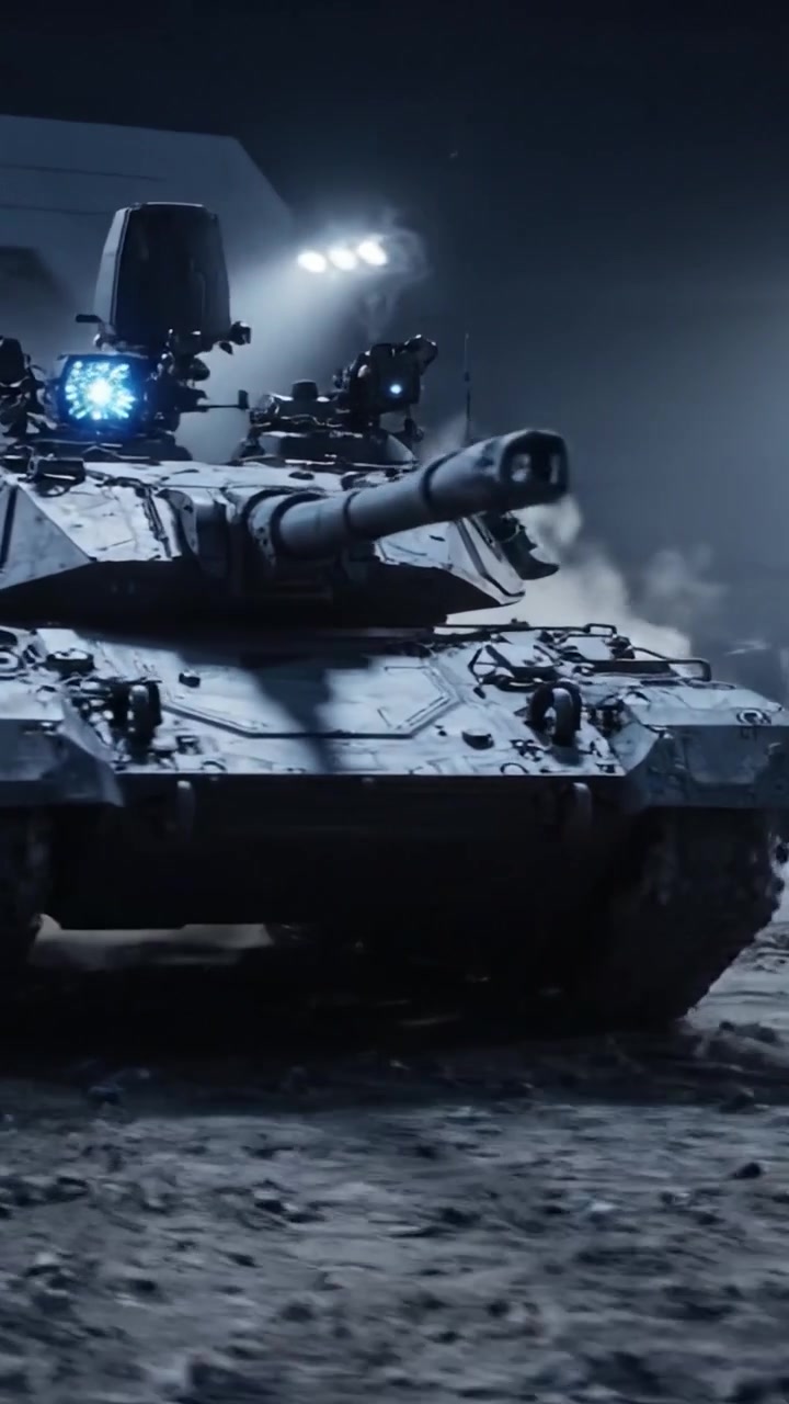 A Powerful Tank Stands Ready in a Dark Environment, Showcasing Advanced Features and Tactical Design for Modern Warfare Preparedness