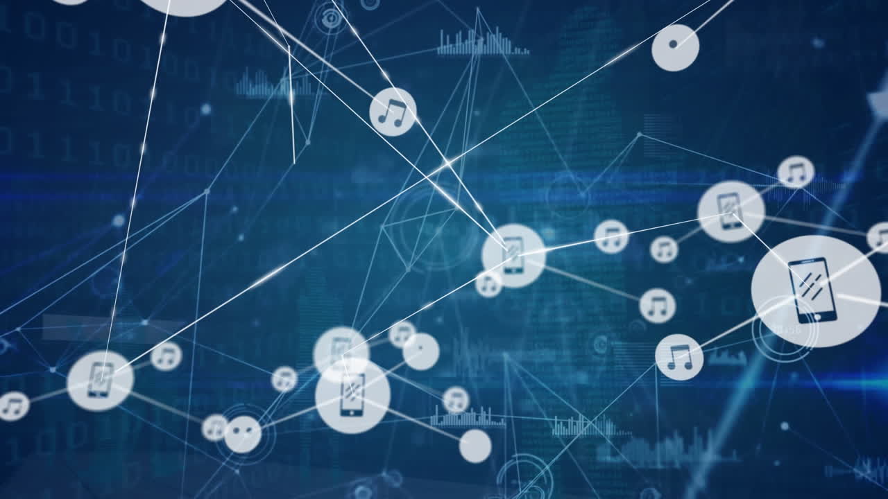 디지털 아이콘 네트워크의 애니메이션과 파란색 배경에 대한 빛 트레일에 대한 데이터 처리